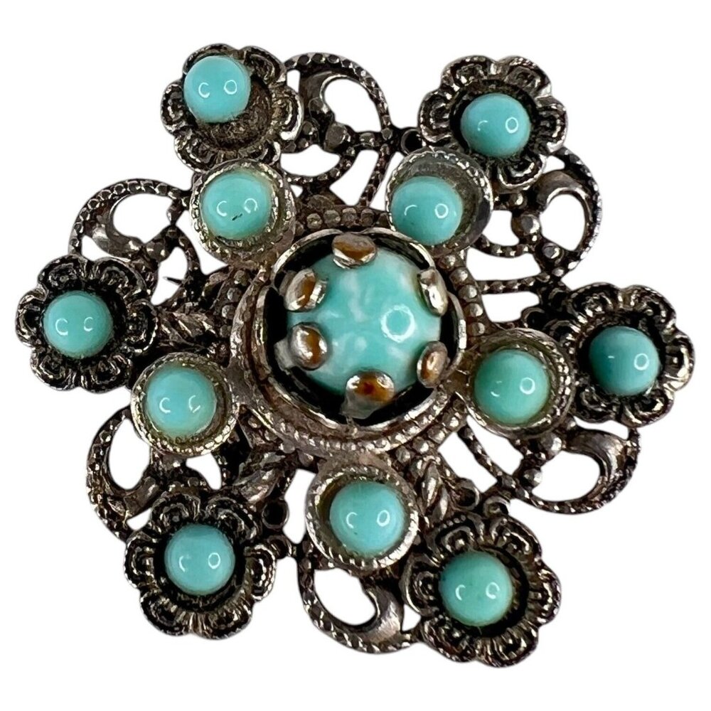 Vintage 1950s Silver Filigree Design Simulated Faux Turquoise Cabochon Brooch‎